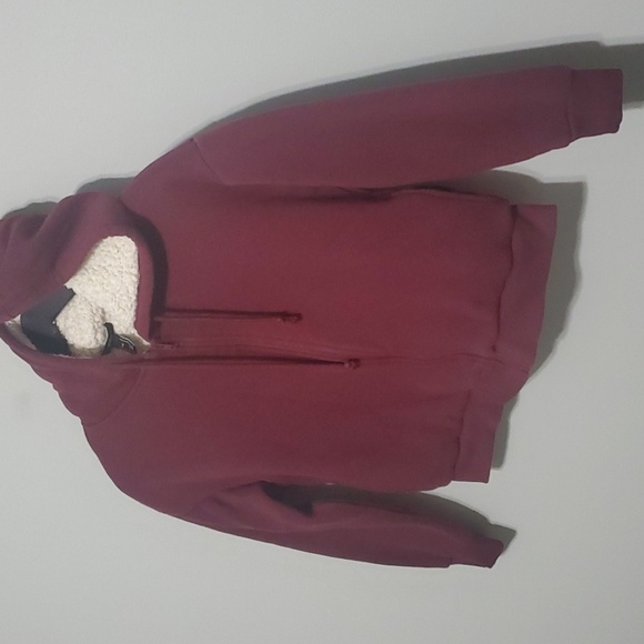 Forever 21 Jacket Mens Size Small  Burgundy Sherpa-Lined Hoodie Zippered - Picture 2 of 8
